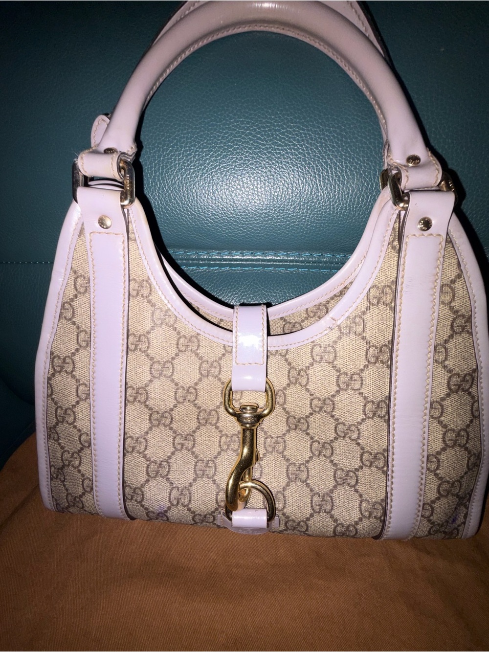 Gucci Beige GG Canvas Shoulder Bag with Lavender Trim